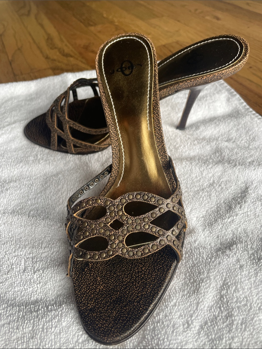Bronze Metallic Open-Toe High Heel Mule